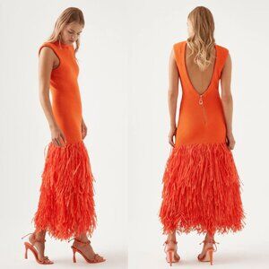 Aje Rushes Raffia Midi Dress Orange Knit Ribbed Fringe Size S